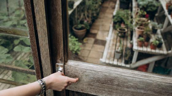 Hand with silver rings opening door of Victorian greenhouse